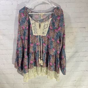 Matilda Jane Sew Perfect Long Sleeved Floral Peasant Top Size Large with Tassels